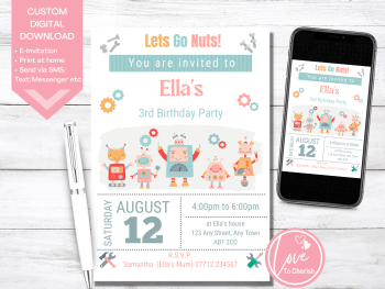 Robot Girls Personalised Birthday Party Invitations - DIGITAL DOWNLOAD