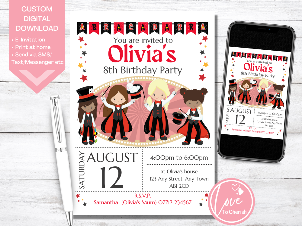 Magician Girls Personalised Birthday Magic Show Party Invitations - DIGITAL