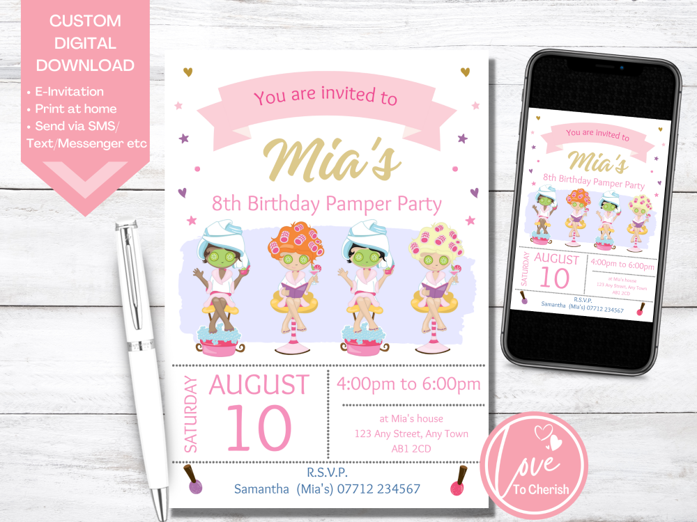Spa Day Girls Personalised Birthday Pamper Party Invitations - DIGITAL DOWN