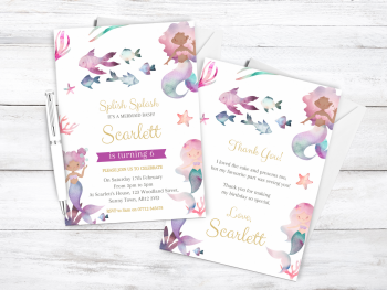 Pastel Mermaids Personalised Girl's Birthday Party Invitations and Thank You Cards from £4.45