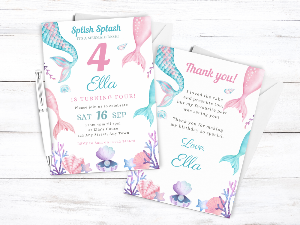 Mermaid Tails Personalised Girl's Birthday Party Invitations and Thank You 