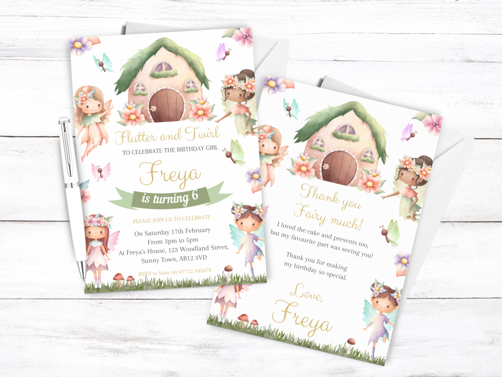 Fairy Garden Personalised Girl's Birthday Party Invitations and Thank You C