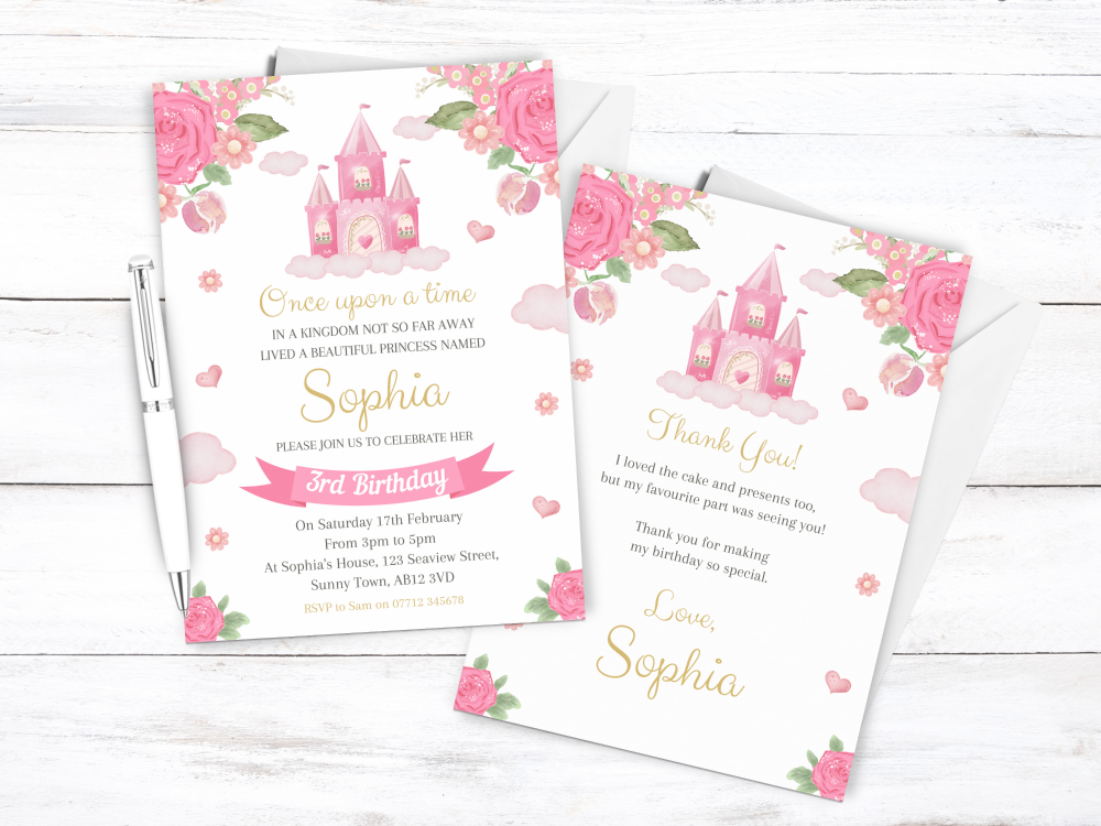 Princess Castle Personalised Girl's Birthday Party Pink Invitations and Tha