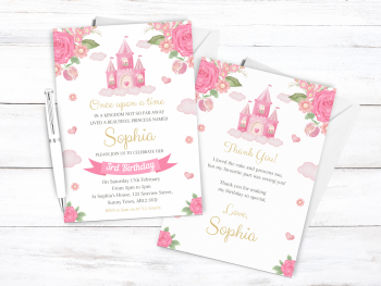 Princess Castle Personalised Girl's Birthday Party Pink Invitations and Thank You Cards from £4.45