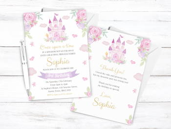 Princess Castle Personalised Girl's Birthday Party Lilac Invitations and Thank You Cards from £4.45
