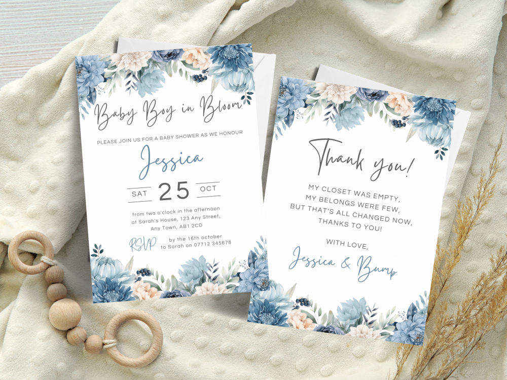Baby Boy in Bloom BLUE Baby Shower Personalised Invitations and Thank You C