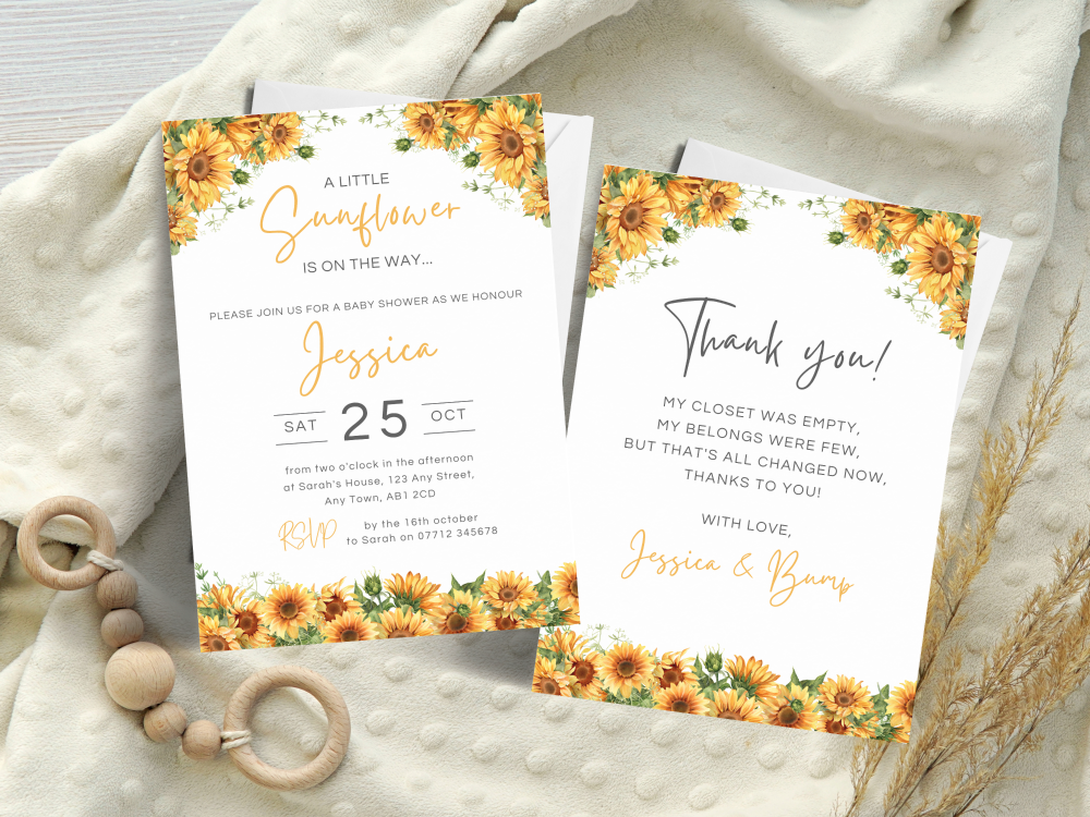 A Little Sunflower Is On The Way Baby Shower Personalised Invitations and T