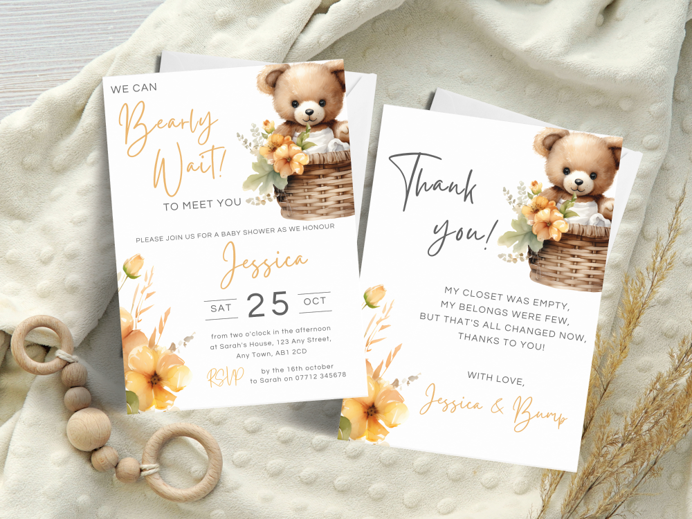 Bearly Wait Teddy Bear in Basket Baby Shower Personalised Invitations and Thank You Cards  from £4.45