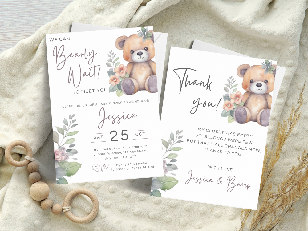 Bearly Wait Teddy Bear & Flowers Baby Shower Personalised Invitations and T
