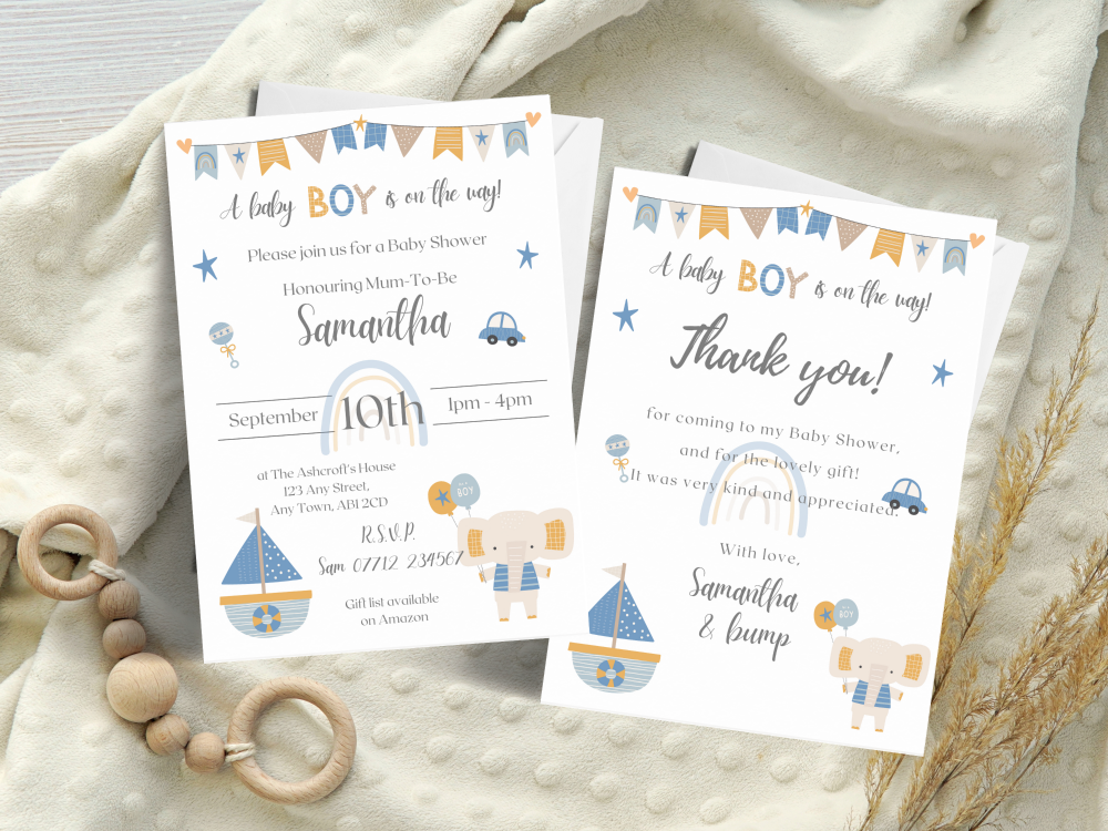 A Baby Boy Is On The Way - Baby Shower Personalised Invitations and Thank You Cards  from £4.45