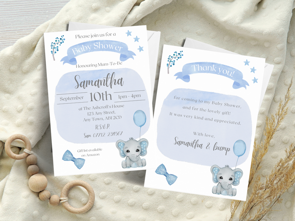Baby Elephant BLUE - Baby Shower Personalised Invitations and Thank You Car