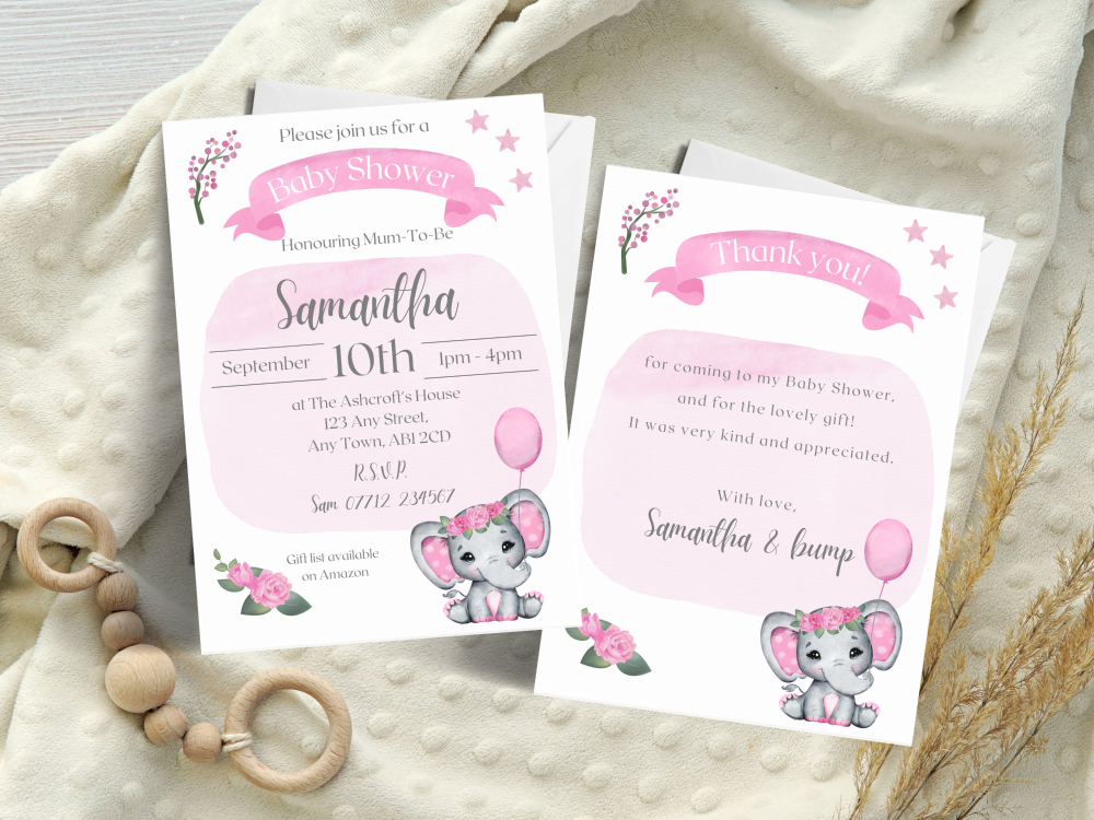 Baby Elephant PINK - Baby Shower Personalised Invitations and Thank You Car