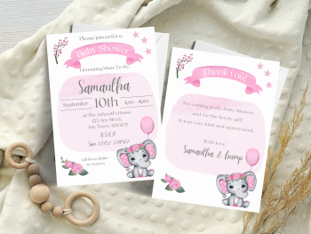 Baby Elephant PINK - Baby Shower Personalised Invitations and Thank You Cards  from £4.45