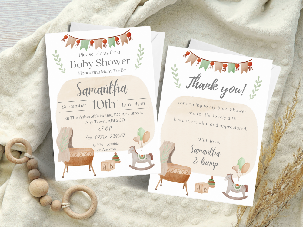 Boho Neutral Baby Shower Unisex Personalised Invitations and Thank You Card
