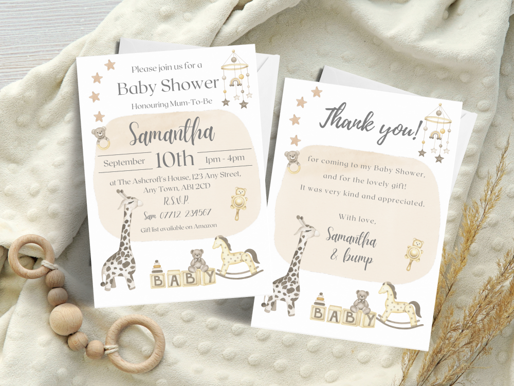 Neutral Nursery Baby Shower Unisex Personalised Invitations and Thank You C