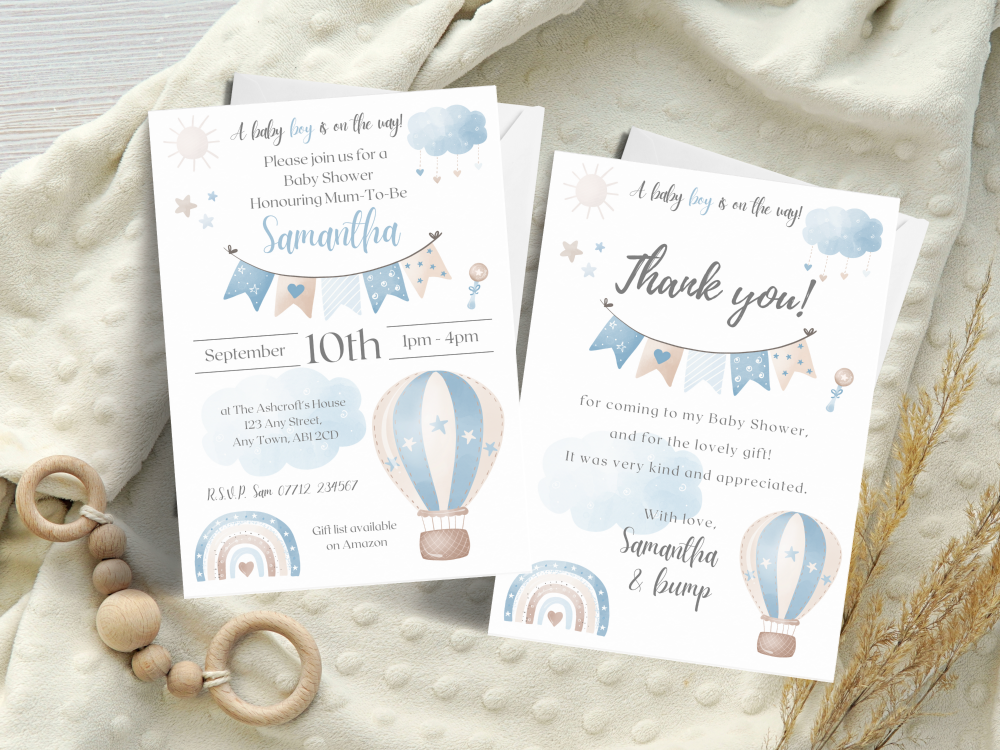 Hot Air Balloon BLUE - Baby Shower Personalised Invitations and Thank You Cards  from £4.45