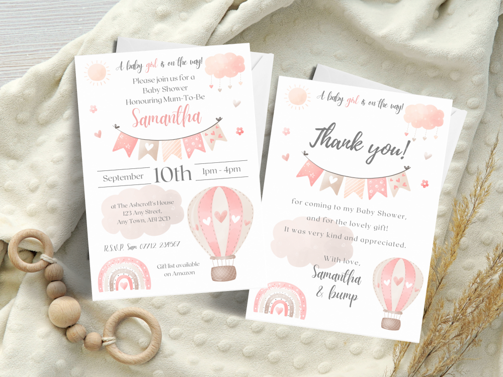 Hot Air Balloon PINK - Baby Shower Personalised Invitations and Thank You Cards  from £4.45