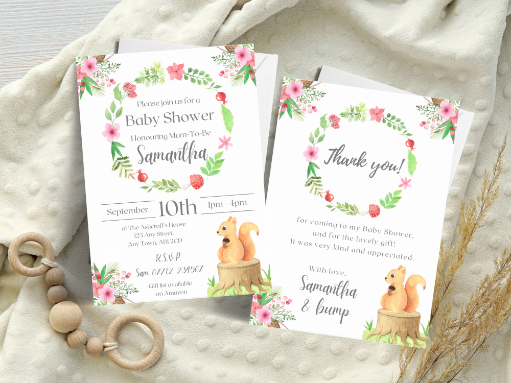 Woodland Baby Shower Personalised Invitations and Thank You Cards