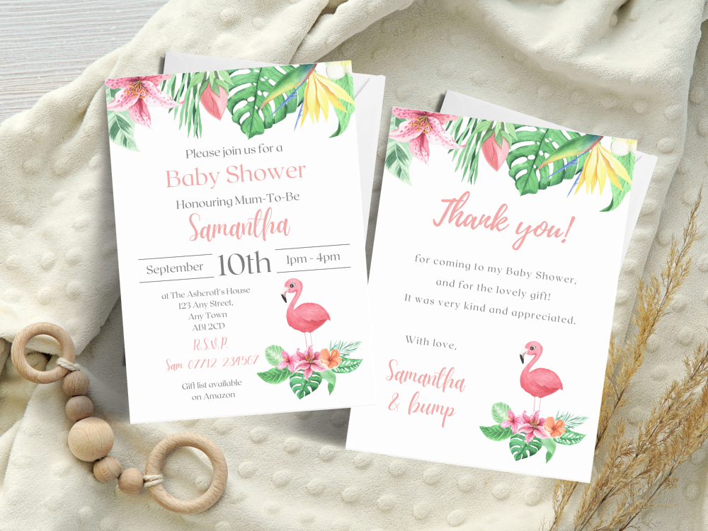 Pink Flamingo Baby Shower Personalised Invitations and Thank You Cards
