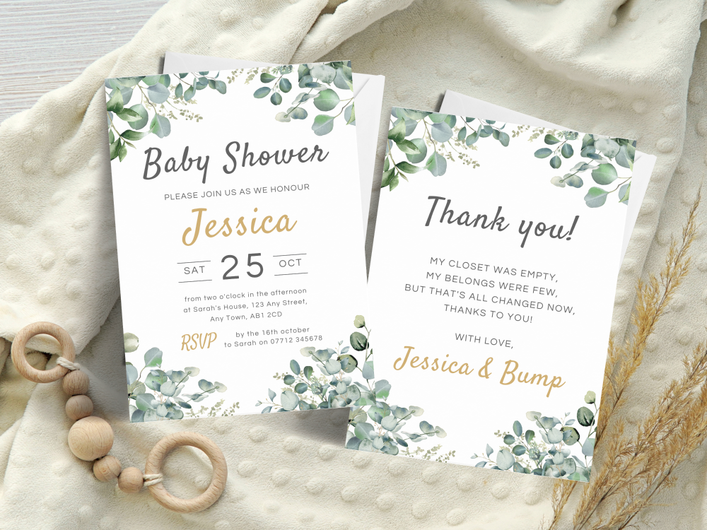 Eucalyptus Greenery Baby Shower Personalised Invitations and Thank You Card