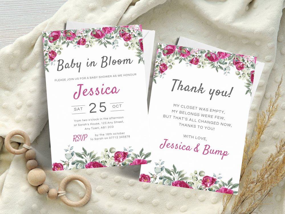 Baby in Bloom Baby Shower Personalised Invitations and Thank You Cards