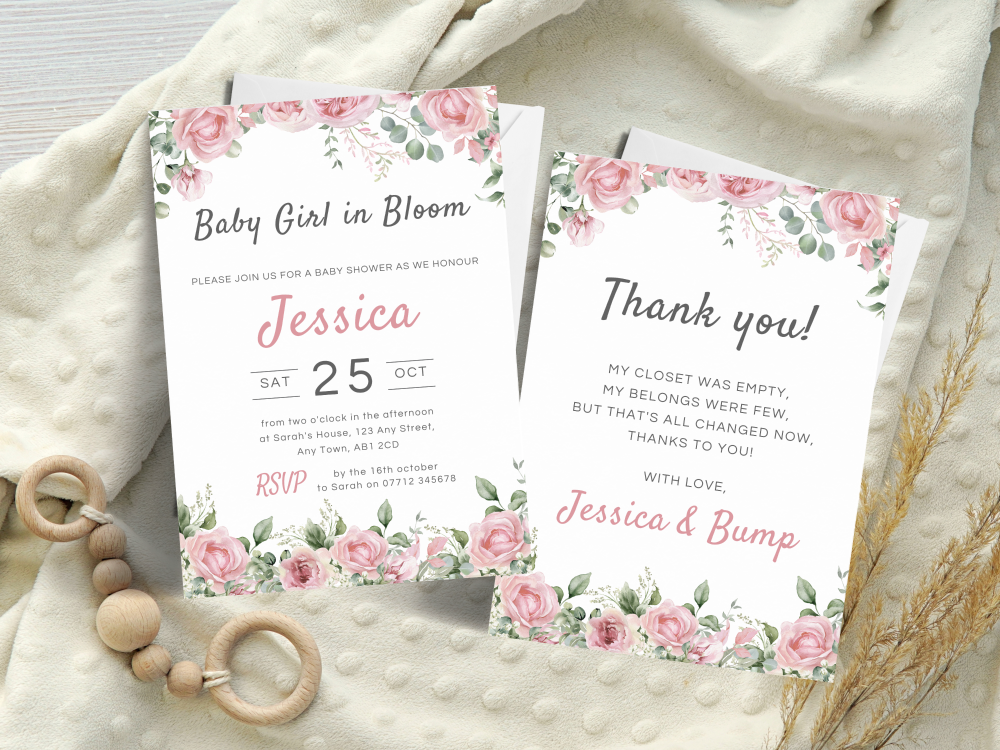 Baby Girl in Bloom PINK Baby Shower Personalised Invitations and Thank You 