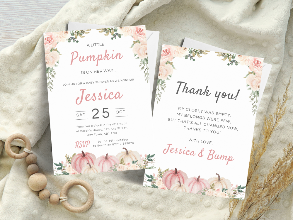 A Little Pumpkin PINK Baby Shower Personalised Invitations and Thank You Ca