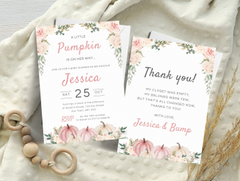 A Little Pumpkin PINK Baby Shower Personalised Invitations and Thank You Cards  from £4.45