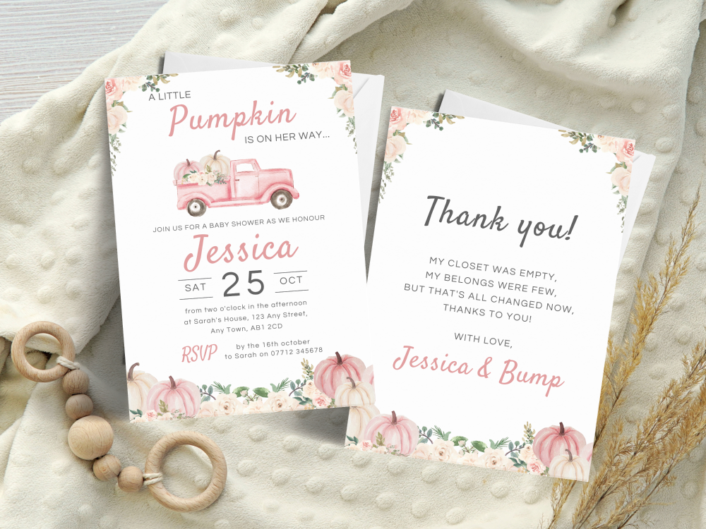 A Little Pumpkin PINK Truck Baby Shower Personalised Invitations and Thank 
