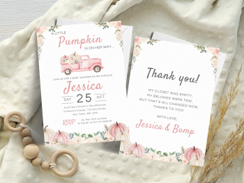 A Little Pumpkin PINK Truck Baby Shower Personalised Invitations and Thank You Cards  from £4.45