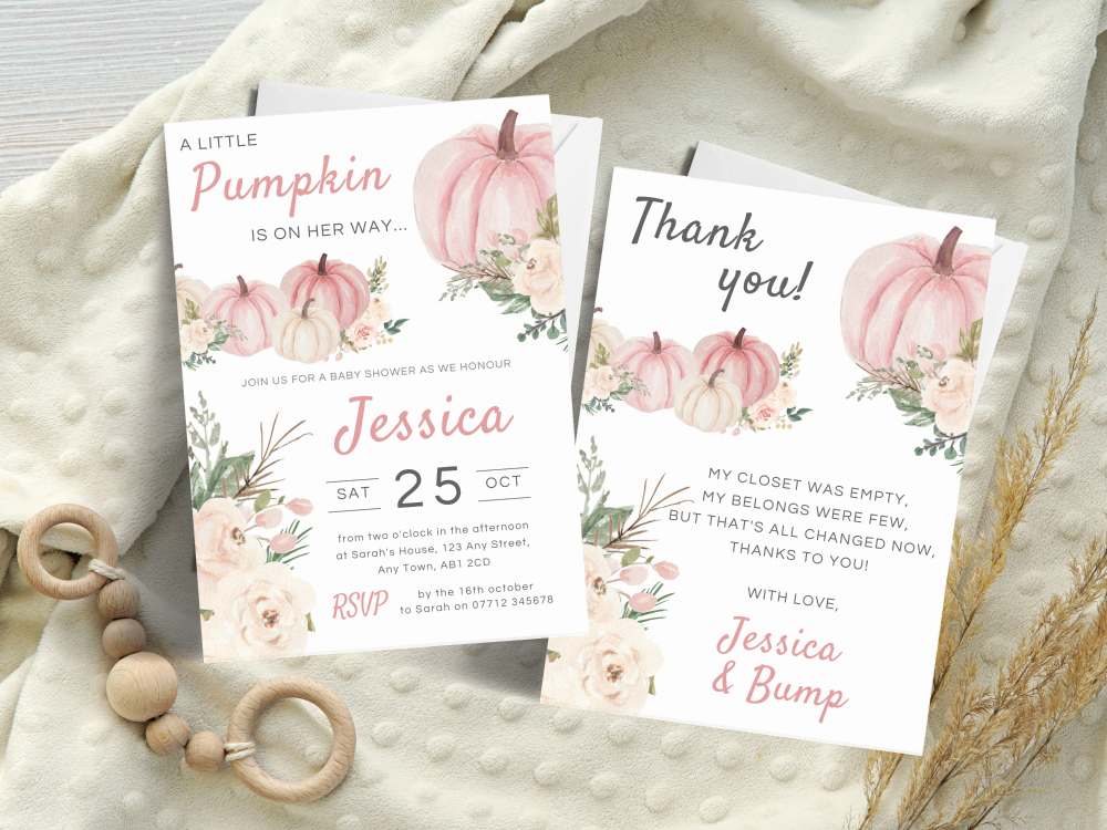A Little Pumpkin PINK Baby Girl Shower Personalised Invitations and Thank Y