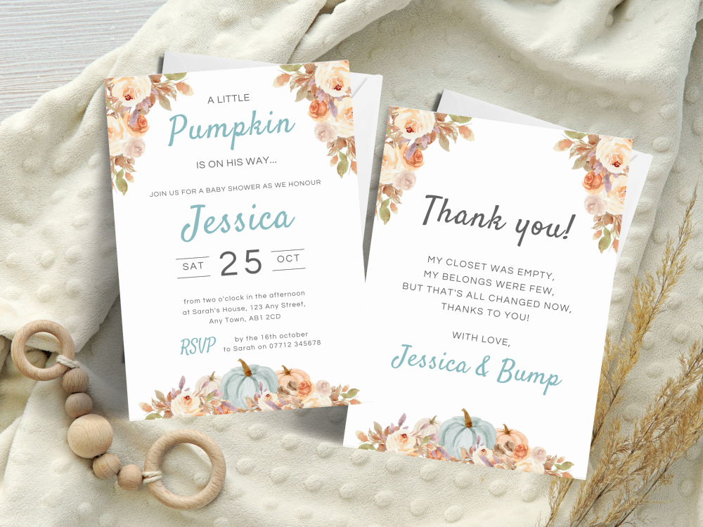 A Little Pumpkin BLUE Baby Shower Personalised Invitations and Thank You Ca