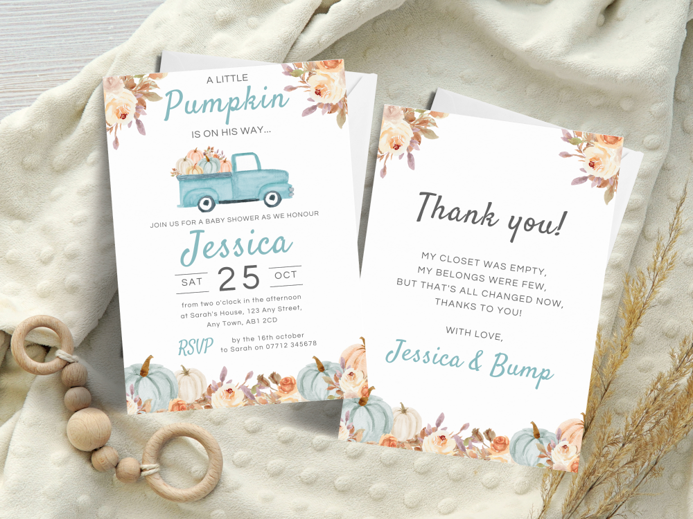 A Little Pumpkin BLUE Truck Baby Shower Personalised Invitations and Thank 