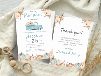 A Little Pumpkin BLUE Truck Baby Shower Personalised Invitations and Thank You Cards  from £4.45