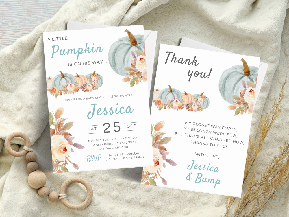 A Little Pumpkin BLUE Baby Boy Shower Personalised Invitations and Thank Yo