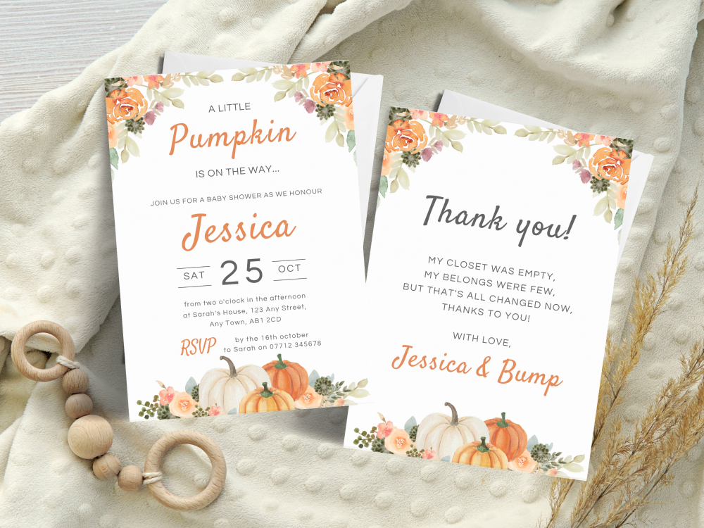 A Little Pumpkin ORANGE Baby Shower Personalised Invitations and Thank You 