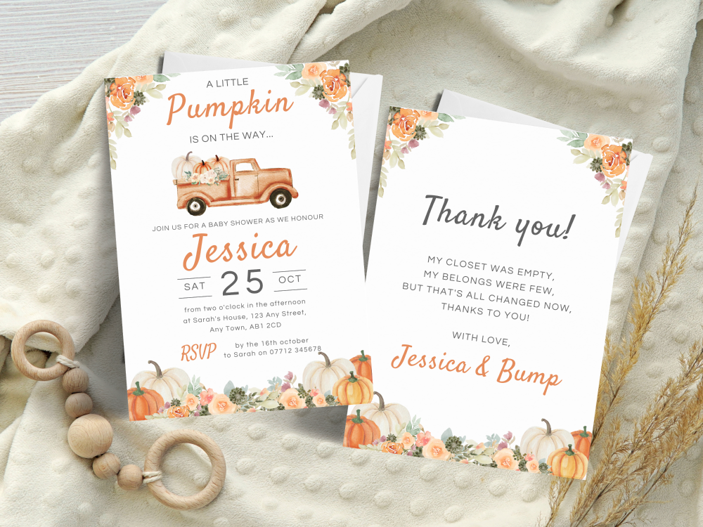 A Little Pumpkin ORANGE Truck Baby Shower Personalised Invitations and Than
