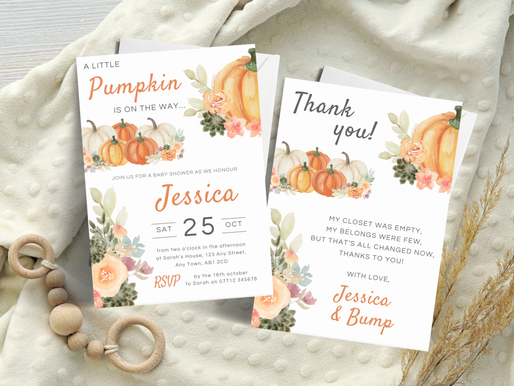 A Little Pumpkin ORANGE Unisex Baby Shower Personalised Invitations and Tha