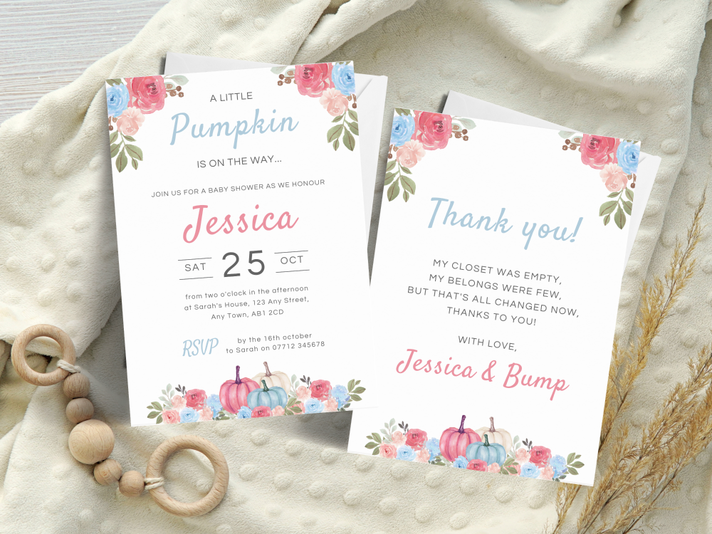 A Little Pumpkin PINK & BLUE Baby Shower Personalised Invitations and Thank