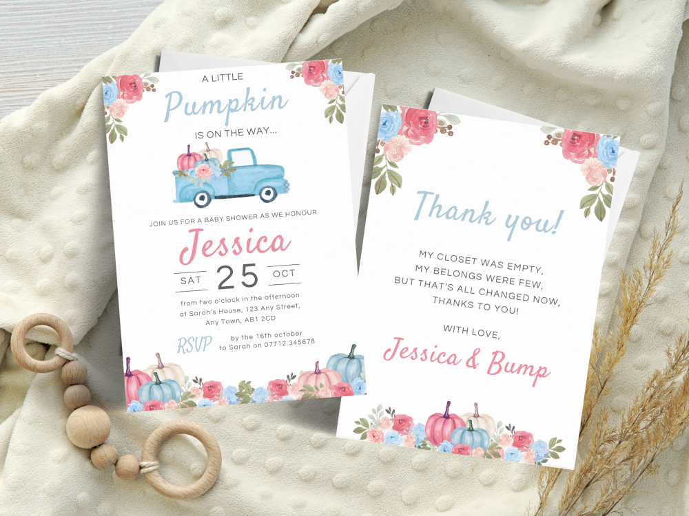 A Little Pumpkin PINK & BLUE Truck Baby Shower Personalised Invitations and