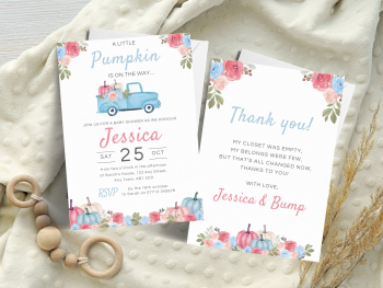 A Little Pumpkin PINK & BLUE Truck Baby Shower Personalised Invitations and Thank You Cards  from £4.45