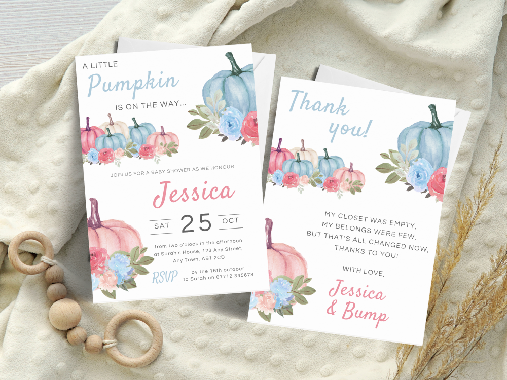 A Little Pumpkin PINK & BLUE Baby Boy or Girl Shower Personalised Invitatio
