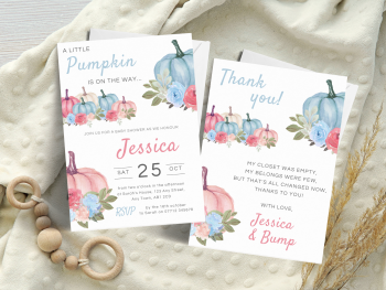 A Little Pumpkin PINK & BLUE Baby Boy or Girl Shower Personalised Invitations and Thank You Cards  from £4.45
