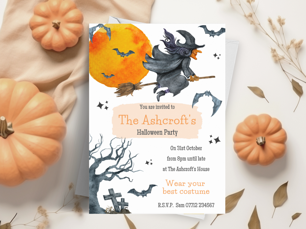 Flying Witch Halloween Party Invitations