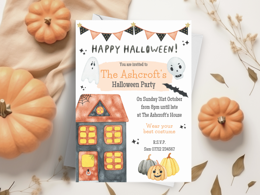 Haunted House & Bunting Halloween Party Invitations