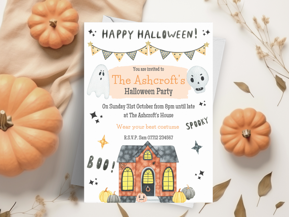 Haunted House & Pumpkins Halloween Party Invitations