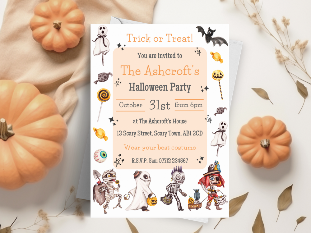Kids Fancy Dress Trick or Treat Halloween Party Invitations