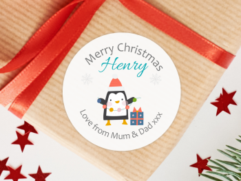 Penguin with Lights Personalised Christmas Stickers