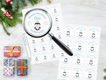 Penguin Boy's Personalised Christmas Stickers (Pale Blue)