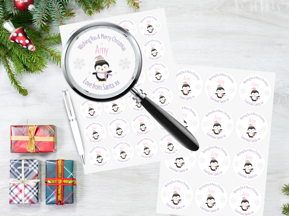 Penguin Girl's Personalised Christmas Stickers (Lilac)